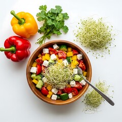 Overhead view of a wooden bowl filled with salad and sprouts on a white surface