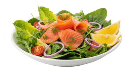 Fresh salmon salad with lemon and greens isolated on transparent background