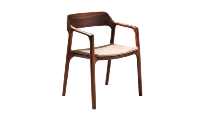 Elegant wooden armchair with a beige fabric seat, showcasing modern design and comfort, perfect for dining or office interiors, isolated on transparent background