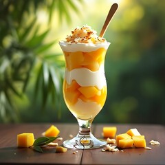 A glass of mango parfait with cream and coconut flakes on a wooden table outdoors