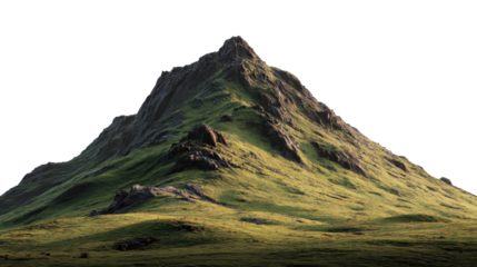 Isolated green mountain peak rising above grassy highlands, rugged hiking terrain presenting a challenge, outdoor nature landscape on transparent background