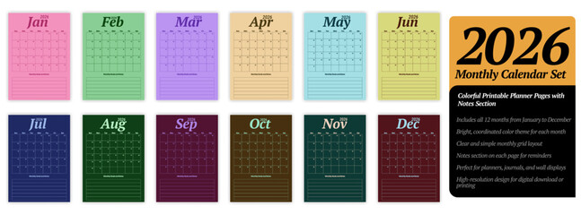 2026 Monthly Calendar Set A colorful array of 2026 monthly calendar pages with each month distinctly presented.