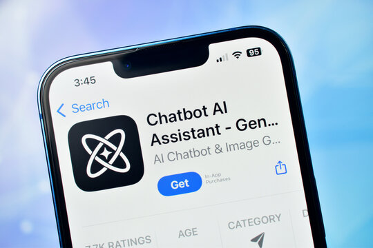 Closeup of a smartphone screen displaying an ai chatbot assistant application download page in an app store