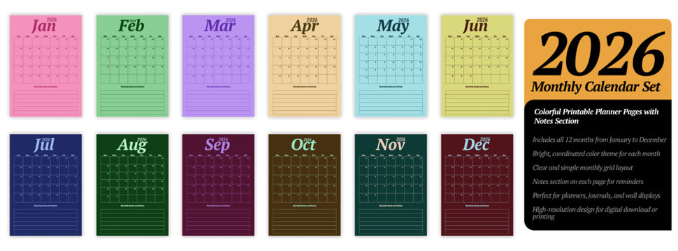 2026 Monthly Calendar Template Featuring Organized Annual Planner and Scheduling Layout