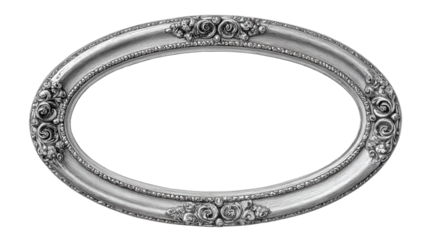 Ornate antique silver picture frame with intricate baroque carving, an empty oval vintage border for art and heirlooms, isolated with a transparent background