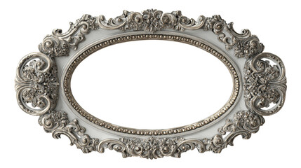 Ornate antique silver baroque oval frame with exquisite scrolled decorative filigree details, providing a vintage design element with a transparent background