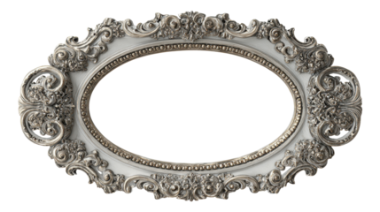 Ornate antique silver baroque oval frame with exquisite scrolled decorative filigree details, providing a vintage design element with a transparent background
