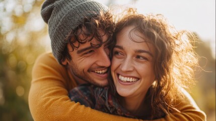 Fototapeta premium A young couple is seen smiling and hugging tightly during a sunny afternoon. The scene captures their laughter and joy in a natural outdoor location filled with sunlight and greenery.