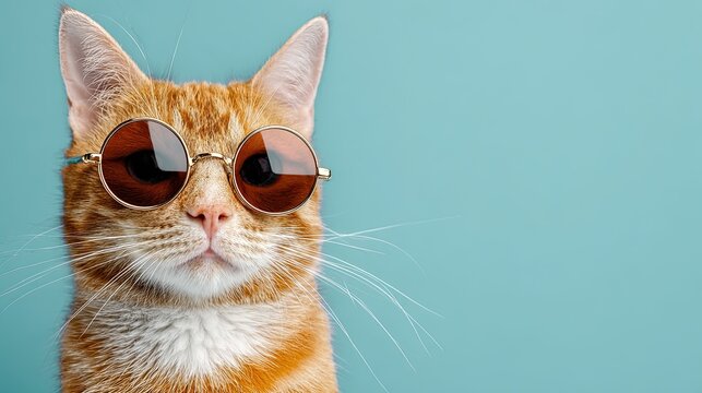 Ginger cat wearing stylish round sunglasses on a vibrant blue background - Powered by Adobe
