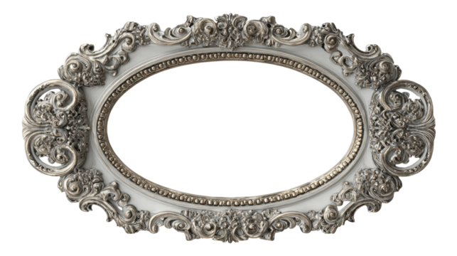 Ornate antique silver baroque oval frame with exquisite scrolled decorative filigree details, providing a vintage design element with a transparent background - Powered by Adobe