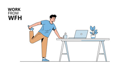 Fototapeta premium Illustration showing a man doing stretching exercises while working from home office