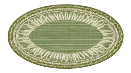 Vintage green oval placemat with intricate lace embroidery and ornate textile border, decorative antique doily tablecloth isolated on transparent background