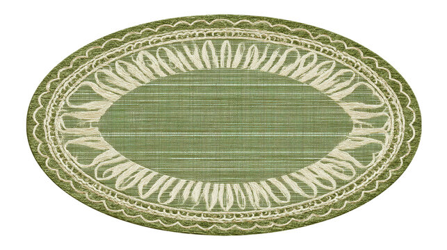 Vintage green oval placemat with intricate lace embroidery and ornate textile border, decorative antique doily tablecloth isolated on transparent background