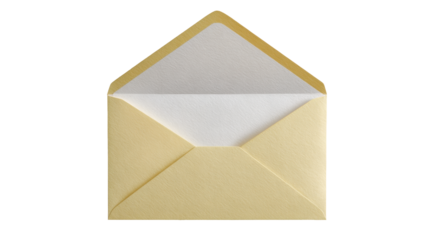 Gold open envelope revealing white blank paper inside, symbolizing new messages, invitation, direct mail, or important information being sent or received