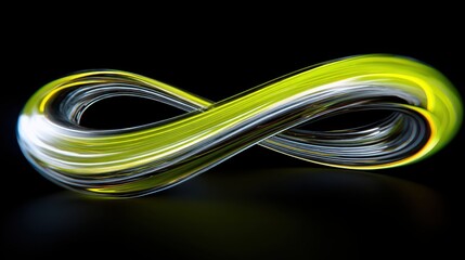 Abstract Representation of Infinity with Fluid Lines and Half Loop Design in Bright Green and Silver Against a Black Background