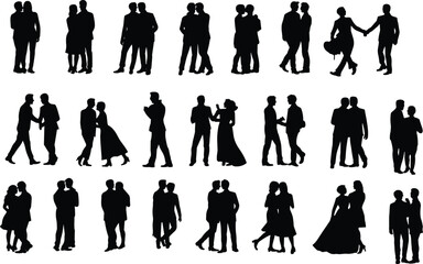 Romantic couple silhouettes showing walking, hugging, dancing, holding hands and affectionate poses for love, wedding, lifestyle and relationship vector illustration design