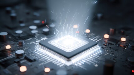 Massive AI Chip Radiating Energy with Glowing Elements on a Circuit Board Emphasizing Innovation and Technology in Digital Electronics