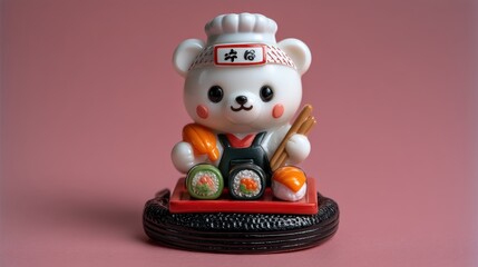 Cute Bear Figurine Dressed as Sushi Chef with a Headband and Sushi Roll Accessories on a Decorative Base in a Soft Pink Background