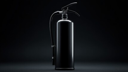 Sleek and Glossy Black Fire Extinguisher on a Dark Background, Showcasing Modern Design and High-Quality Features for Safety and Protection