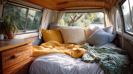 Cozy Interior of a Camper Van with Neatly Arranged Bedding and Pillows, Ideal for Adventure and Relaxation in Nature