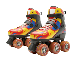 Pair of colorful roller skates featuring vibrant abstract paint splatter designs and marbled wheels, evoking a sense of retro fun and dynamic movement.