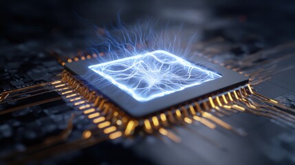 Close-Up Macro View of an AI Processor Chip with Glowing Connections and Dynamic Energy Pulses Showcasing Advanced Technology and Innovation in Electronics