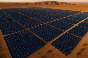 Aerial view of a vast solar farm in a desert landscape at sunrise, showcasing renewable energy and sustainable technology.