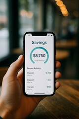Close-up of a hand holding a smartphone with a digital savings account app, showing a balance in a cozy cafe setting. Concept of mobile banking and personal finance management.