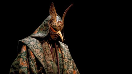 Ornate Crane Masked Performer in Traditional Noh Theater Costume Exhibiting Graceful Artistry and Cultural Heritage in a Captivating Stage Setting