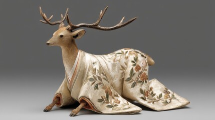 Elegant Deer Figure in Heian Era Kimono with Long Flowing Design Showcasing Artistic Craftsmanship and Cultural Heritage of Japan