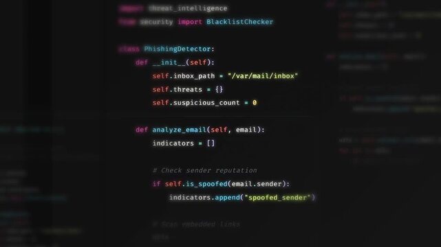 Phishing detection code typing animation with programming syntax terminal and cybersecurity scanner
