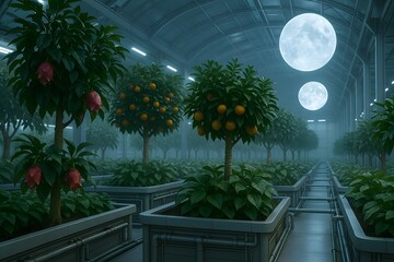 Ethereal scene of a futuristic greenhouse with vibrant dragon fruit and citrus trees under two luminous moons. Modern botanical garden concept with a misty otherworldly glow.