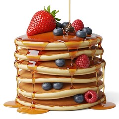 Illustration of stack of pancakes with fresh berries and maple syrup isolated on white background