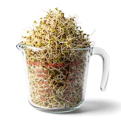 Illustration of fresh alfalfa sprouts in a glass measuring cup isolated on white background