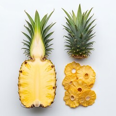 Illustration of fresh pineapple cut in half with whole top and dried slices isolated on white background