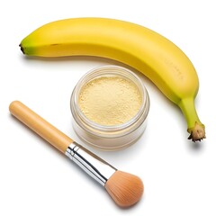 Illustration of banana, cosmetic powder, and makeup brush isolated on white background
