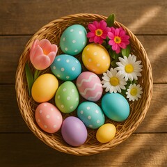 Festive Easter basket with colorful decorated eggs, pink tulips, and white daisies on a rustic wooden background.