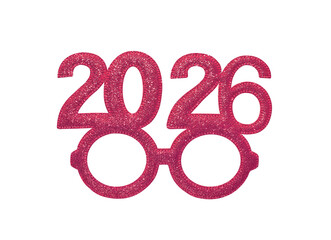 A pair of glittery pink New Year's 2026 novelty glasses on a white background.