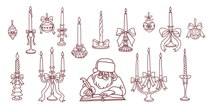 Hand-drawn Christmas line art collection featuring candles, bows, ornaments, Santa Claus and festive decorations. Minimal, elegant holiday illustration set suitable for cards, prints and designs
