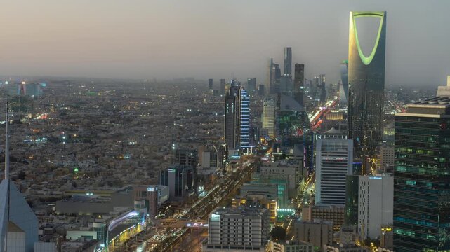 Breathtaking timelapse of the skyline of Riyadh at sunset, Saudi Arabia