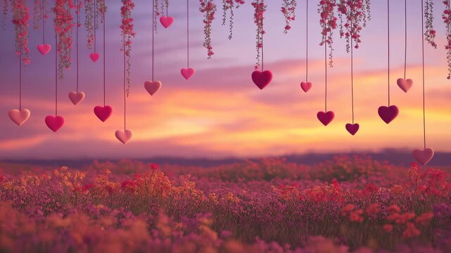 Romantic Heart Decorations Hanging Over Blooming Meadow Sunset Sky Love Romance Celebration Valentine Day Ambiance