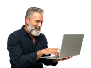 Happy mature man smiling while typing on his laptop, enjoying online communication and digital connectivity with a cheerful expression.