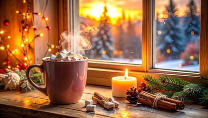 Steaming mug of hot chocolate with marshmallows on rustic table, surrounded by festive winter decorations and snowy sunset view.