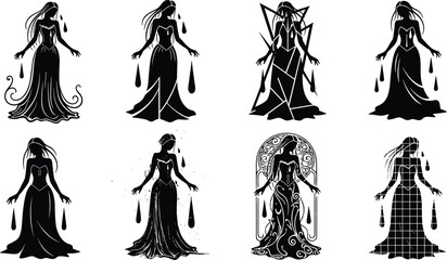 Set of Crying Female Silhouettes with Tears, Sadness, Grief, and Emotional Pain Vector