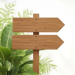 Wooden direction sign with two arrows surrounded by green leafy vegetation