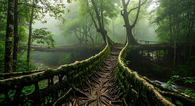 Living root bridge in a misty jungle forest creating a natural pathway over water below