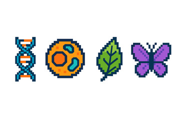 Dna, cell, leaf, butterfly in colorful pixel art icons