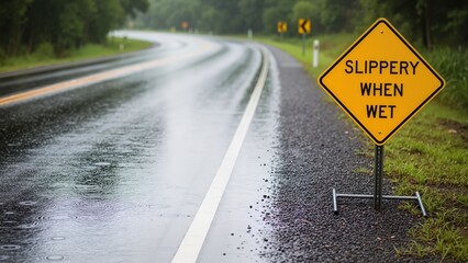 Wet road sign warning about slippery conditions during rainfall  
