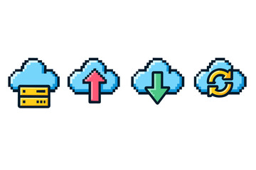 Pixel cloud icons: storage, upload, download, sync in retro style