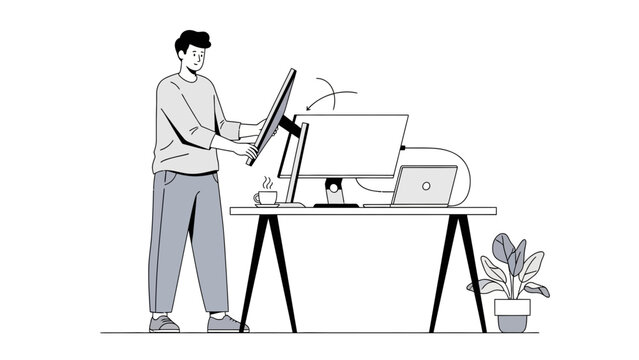 Man setting up dual monitor workstation at home or office, technology concept